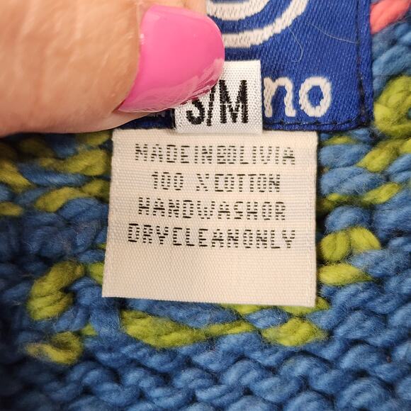 Rare NWT Vintage Amano S/M Hand Knit Cotton Cardigan Tulips Floral Blue Bolivia - Picture 7 of 10